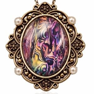 Vintage Victorian Style Bronze Filigree Marbled Abstract Art Pendant Necklace